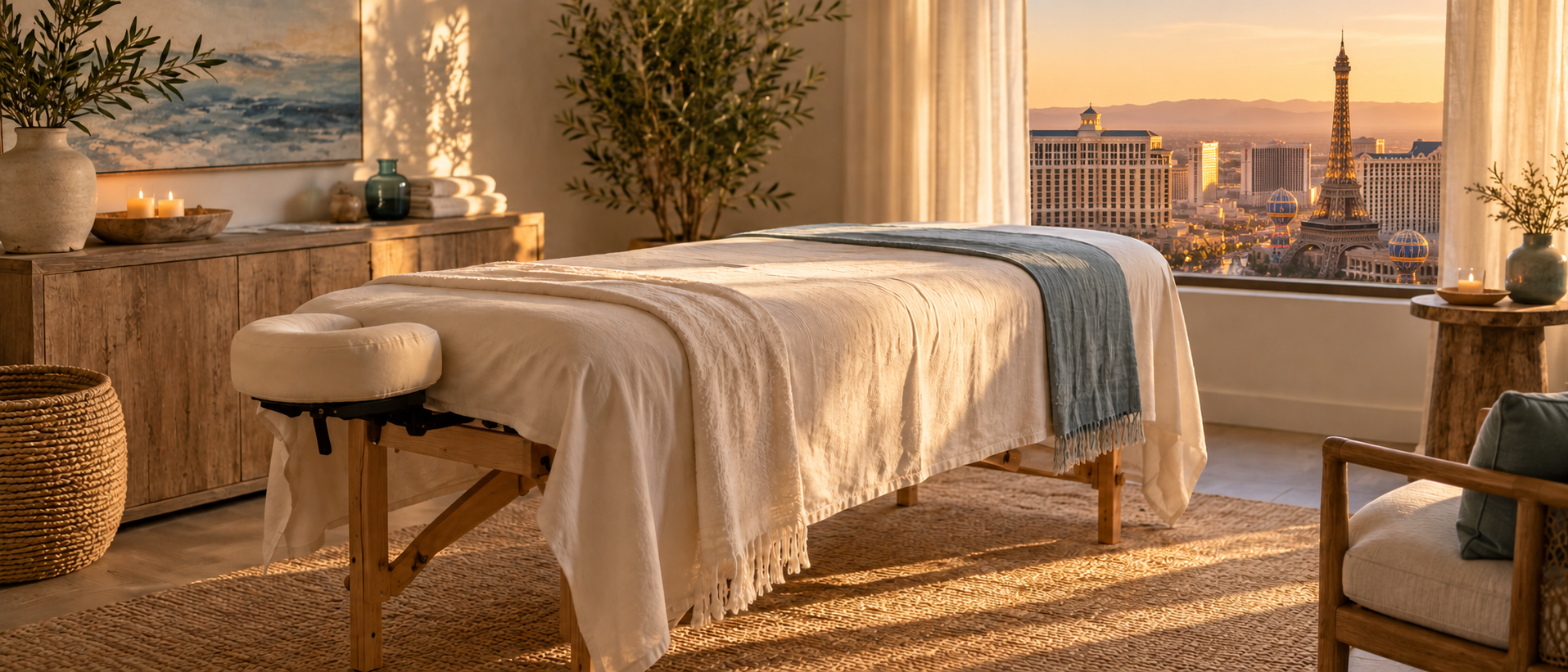 Illustrative massage table in a calm room overlooking the Las Vegas Strip